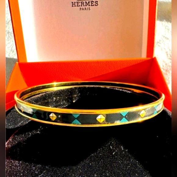 Hermes Jewelry - Auth. HERMES Bangle Bracelet Black & Multicolor Enamel Geometric sz.70M NWOT